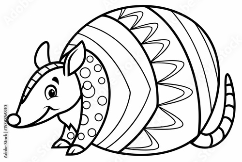 coloring page for kids, a friendly armadillo curled up into a ball, with its head peeking out, simple patterns on its shell, thick outlines, black and white, no shading
