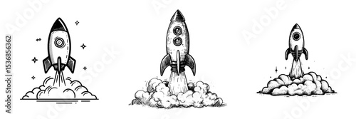 A simple black and white drawing depicts a rocket taking off with billowing smoke clouds