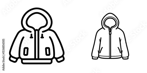 Icon representing winter clothing, depicted as a hooded jacket in black and white