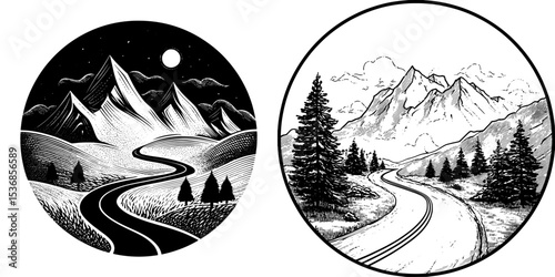 Nature adventure icon featuring a curved road, mountains, and trees, all in a black and white color scheme