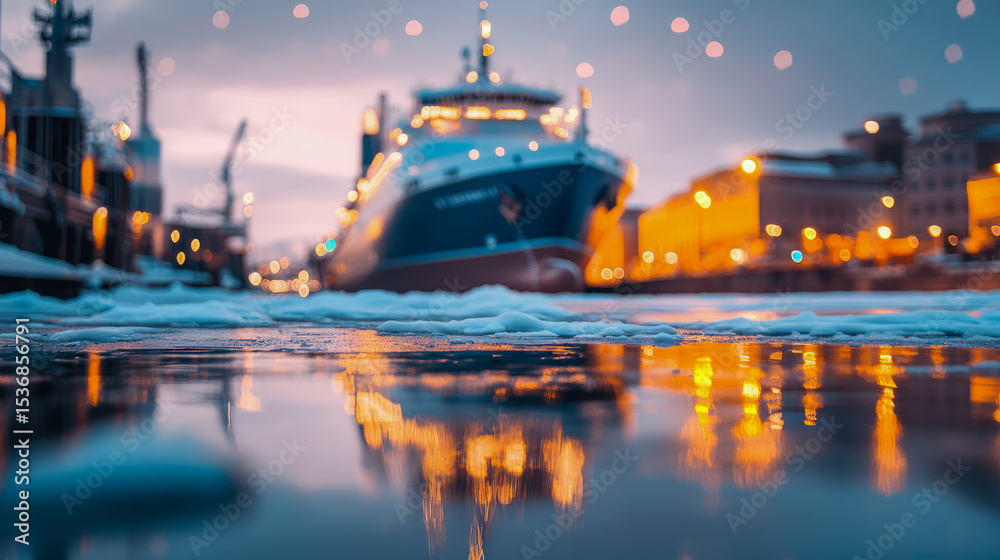 Obraz premium Icy Harbor Twilight: A commercial vessel rests in a harbor at twilight, with reflections of city light dancing on the icy water surface