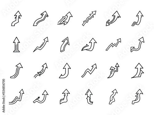 Upward Arrow Icon Bundle in Silhouettes Style on White Background – Growth, Progress, Success, and Trend Direction Symbols in Line Art