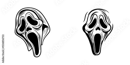 The scream mask is depicted in a modern illustration as a scary face icon and a ghost face symbol, also symbolizing a horror movie killer mask sign and a scream Halloween costume pictogram, which
