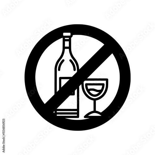 A modern icon signifying no alcohol, also known as a prohibitory sign, features a wine bottle and an alcohol glass