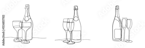 Modern illustration featuring a continuous one line drawing of champagne bottle and glasses