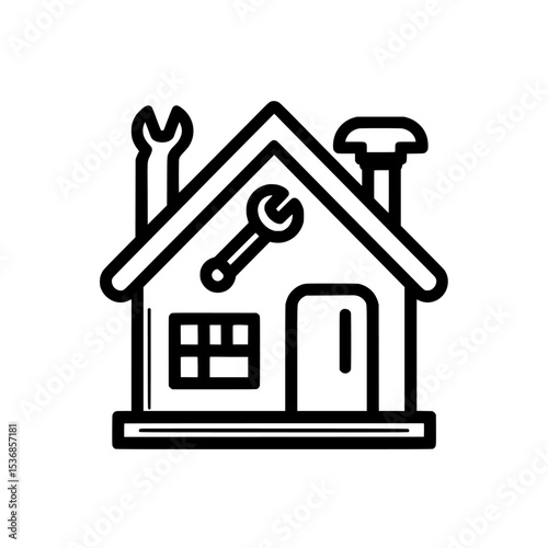 A basic contemporary symbol of a house accompanied by tools, ideal for designs related to home improvement, renovation, or handyman services, featuring an editable stroke