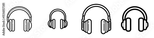 PC headphones represent an iconic symbol in line design, accompanied by related terms such as headphones, PC, audio, sound, headset, music, and earphones, all set against a modern white background