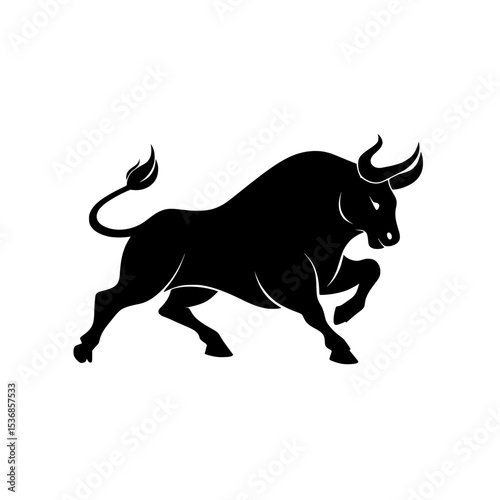 Financial icons include a prominent black silhouette of a bull, shown on a white background, and additionally, an illustration of an angry running bull, exemplifying a modern take on a domestic