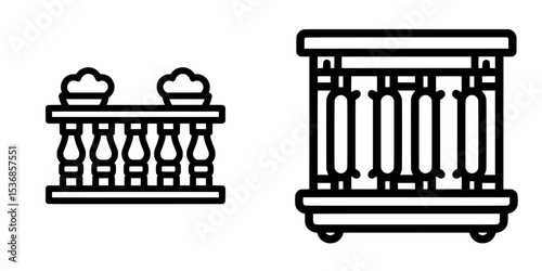 An icon of an open balcony is presented in line design, complete with a railing and a view, situated in an outdoor space, with the entire image set on a white background to convey a modern aesthetic