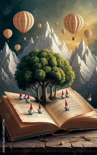 Fantasy Art: Gnomes, Hot Air Balloons, and a Magical Tree Emerging from an Ancient Book AI generated