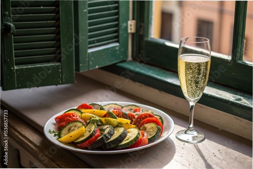 A plate of ratatouille and a glass of sparkling cider near a green-shuttered window