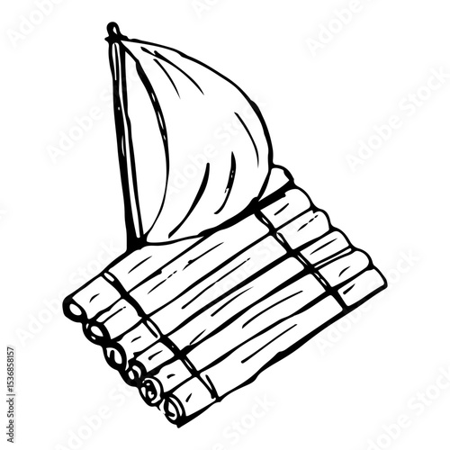Bamboo raft with a sail illustration cartoon vector, adventure nautical icon.