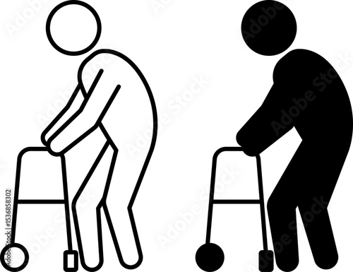 Walker Icons. Black and White Vector Illustration. Device for Sick Person Mobility. Disability Concept