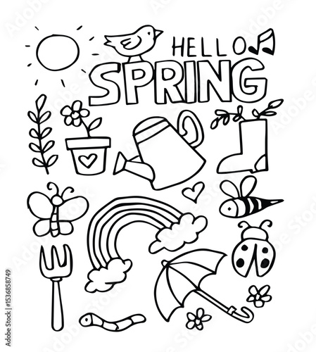 Spring doodle set. Cute set of spring cliparts, hand drawn sketch  vector illustration