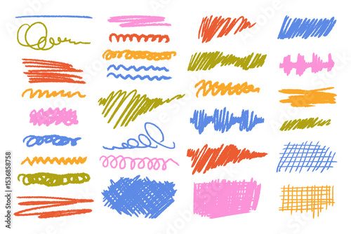 Crayon underline set  of hand-drawn, colorful underlines made with crayon texture. Includes wavy, straight, and scribbled styles in various vibrant colors.