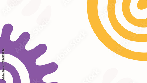 Abstract design featuring a purple gear shape and a yellow spiral on a white background art