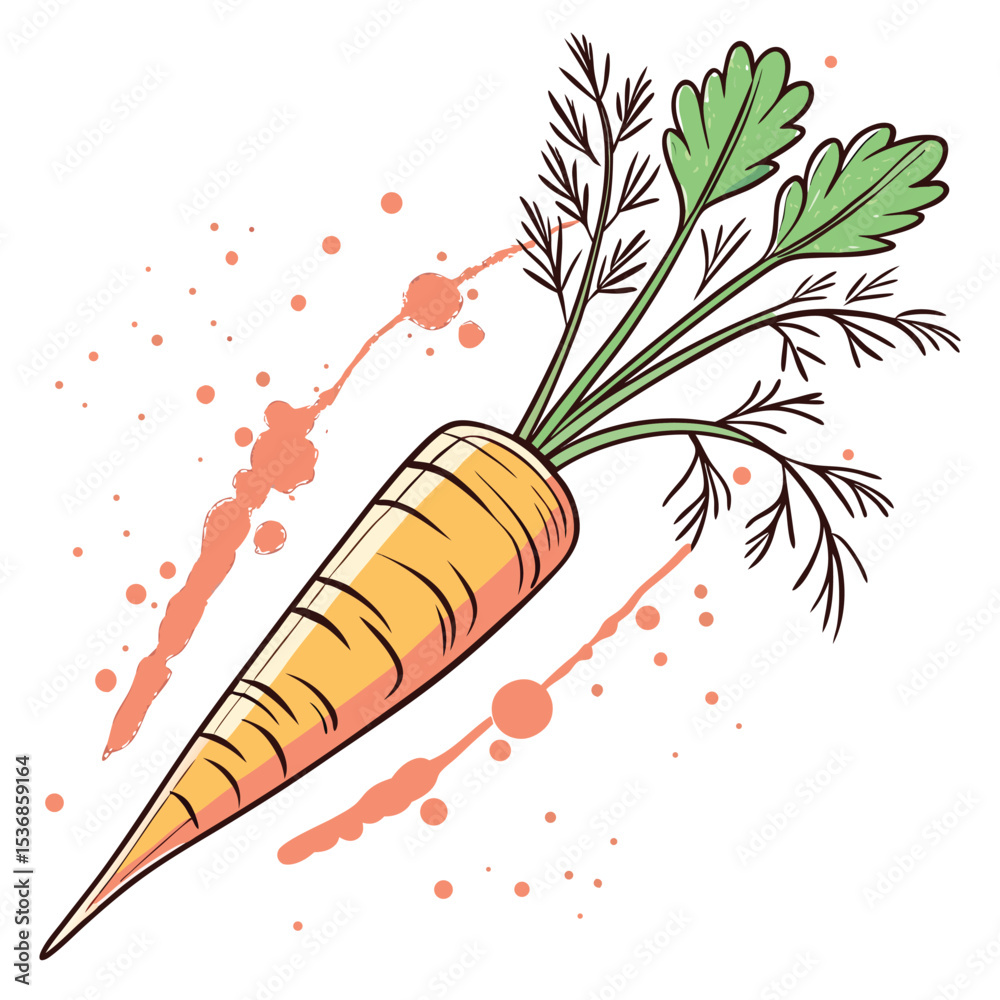 Cartoon carrot illustration vector art fresh vegetable healthy food diet orange color splash design
