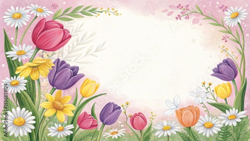 Spring garden flowers frame, colorful tulips and daisies.
