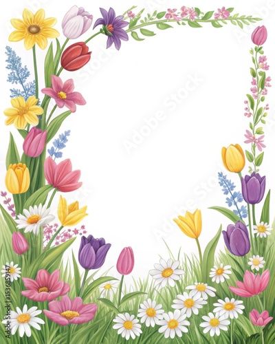 Spring garden flowers frame, colorful tulips and daisies.