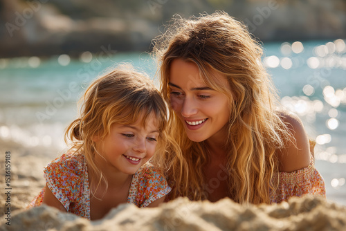 Smiling woman and child enjoying time together on sandy beach with ocean waves in background