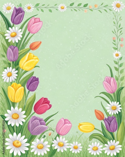 Spring garden flowers frame, colorful tulips and daisies.