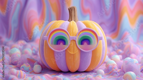 Goofy Halloween pumpkin with oversized rainbow glasses on trippy white backdrop, spooky fun, viral meme style