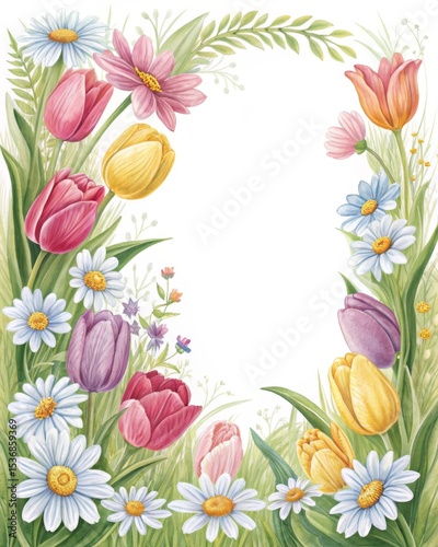 Spring garden flowers frame, colorful tulips and daisies.