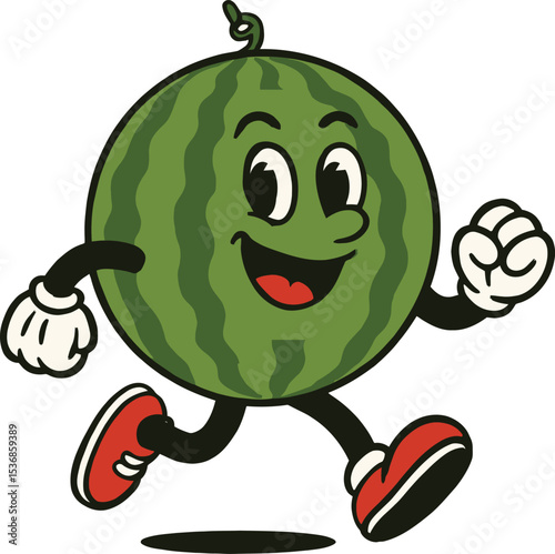 Cheerful Cartoon Watermelon Mascot Running Energetically