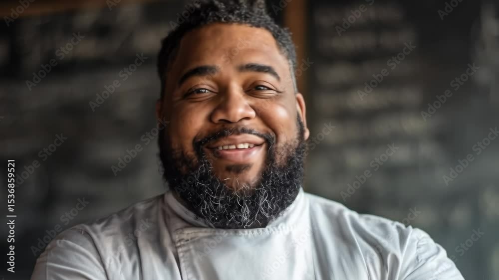Smiling Black plus-size chef in uniform posing confidently in a professional kitchen, looking directly at the camera.

