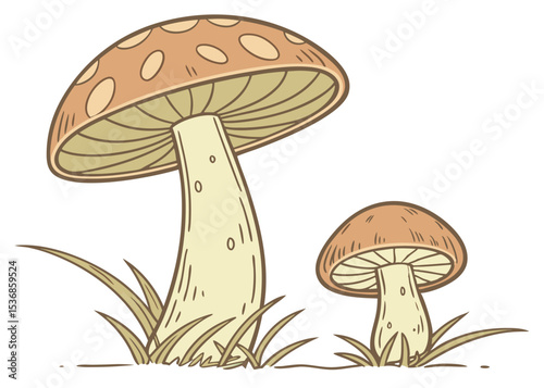 Mushroom illustration vector art of brown mushrooms with spots in grass for nature lovers art print
