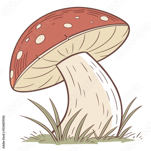 Mushroom illustration drawing of a toadstool with red cap and white spots in grass art design
