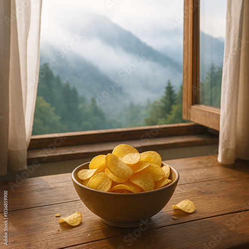 Golden Potato Chips on Rustic Table Beside Open Window with Snowcapped Mountain View – Cozy Scenic Food Scene