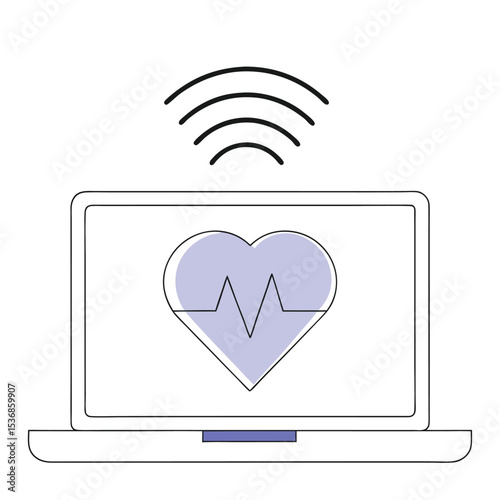 Modern healthcare illustration depicting a laptop with heartbeat signal transmission