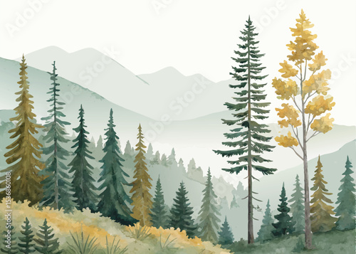 Watercolor forest landscape painting with pine trees and mountain background nature scenery art vector
