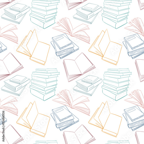 Seamless pattern with open and closed books, stacks of books. Vector outline background drawn in doodle style. For back to school theme, library, wrapping paper, wallpaper, banners.
