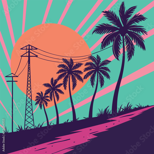 Tropical Sunset Silhouette Palm Trees and Power Lines