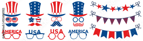 Set of patriotic mustache hat in a flat design