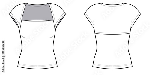 Women's Cap Sleeve Illusion Yoke Top Technical Flat SketchFront and Back View- Fashion Flat- Vector Illustration- CAD Mock-up
