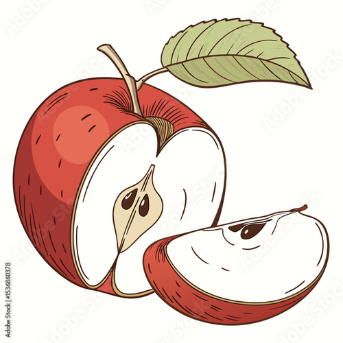 Red apple fruit illustration with slice and leaf vector drawing food healthy eating design
