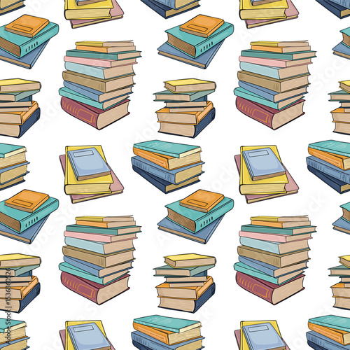 Seamless pattern with closed books and stacks of books. Vector outline background drawn in doodle style. For back to school theme, library, wrapping paper, wallpaper, banners.