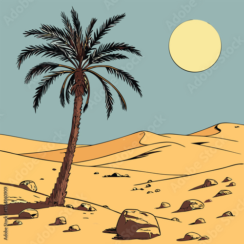 Desert Oasis Lone Palm Tree in Rolling Sand Dunes Under a Bright Sun