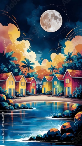 Vibrant Tropical Night Scene: Colorful Beach Houses Under a Full Moon AI generated