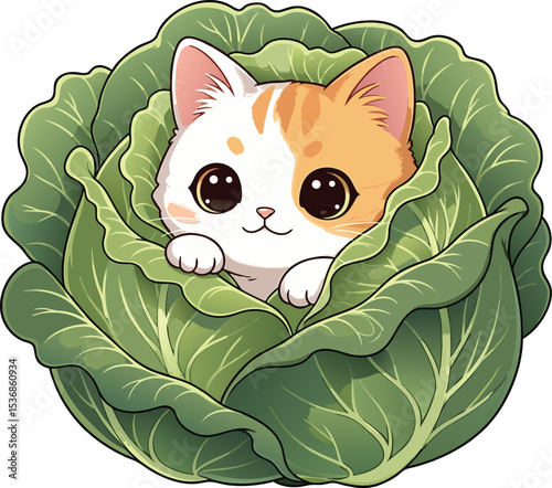 Cute Orange White Kitten Hiding in Green Cabbage vector