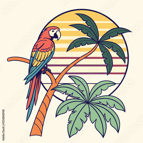 Vibrant Retro Parrot on Palm Tree at Sunset Tropical Bird Illustration