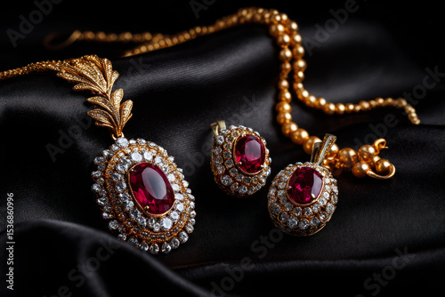 Elegant jewelry set featuring ruby gemstones and intricate gold detailing on dark fabric