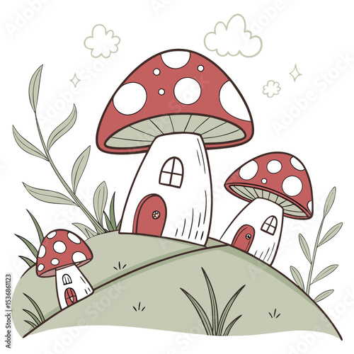 Mushroom house illustration cute fantasy drawing whimsical fairytale art kids decor magical forest home vector
