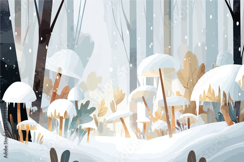 Whimsical winter forest scene with snow-covered mushrooms and falling snowflakes in dreamy illustrated style, perfect for seasonal designs and nature themes