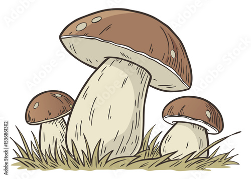 Illustration of porcini mushrooms in grass a vector drawing for mushroom identification guides
