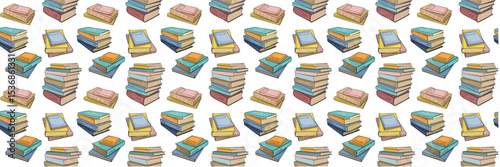 Seamless pattern with closed books and stacks of books. Vector outline background drawn in doodle style. For back to school theme, library, wrapping paper, wallpaper, banners.