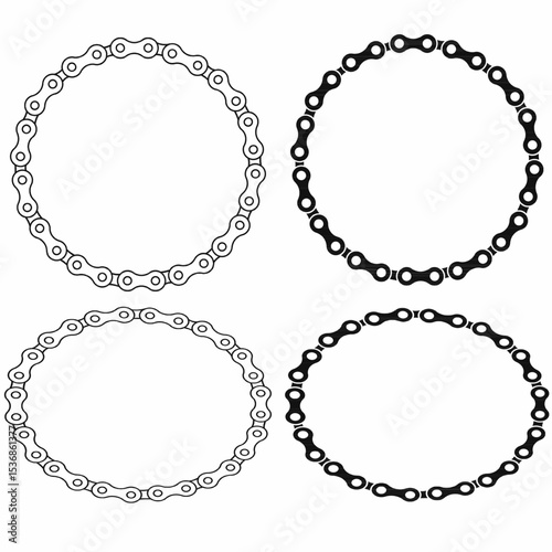 Set of round frames made of bike or bicycle chain links in outline and solid styles, vector design elements for cycling logos,text, design,mechanic labels, or sports themed graphics.
